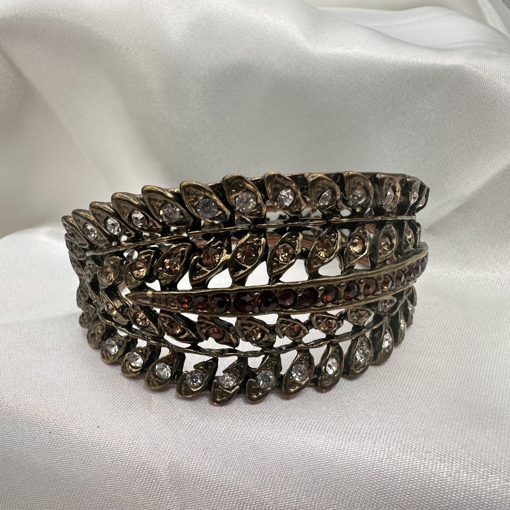 Vintage Y2K Bronze Tone Rhinestone Leaf Wide Cuff Bracelet Women's Jewelry